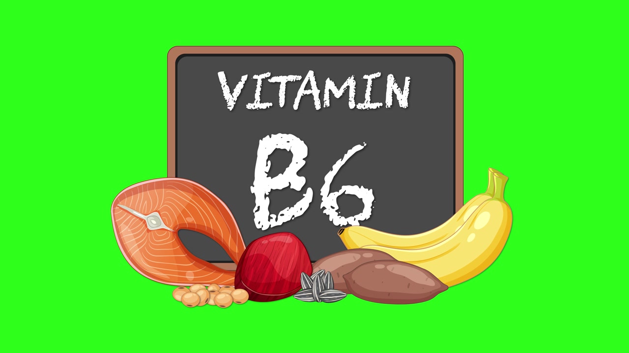 Parlak yeşil bir arka planda, B6 Vitamini yazılı kara tahta, çizilmiş yiyeceklerle çevrelenmiş şekilde görünüyor
