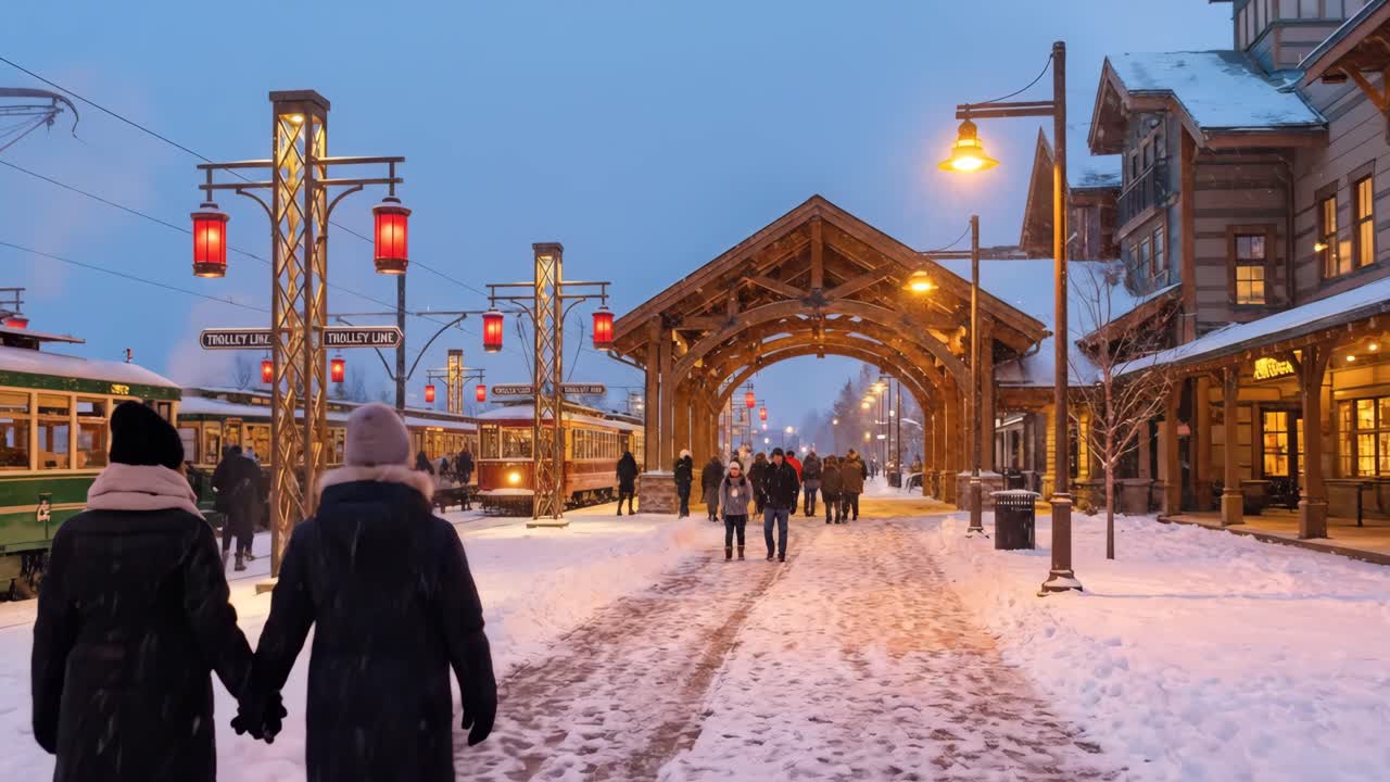 Ihmisiä kävelemässä lumisen talvikylän läpi kärryjen kanssa hämärässä