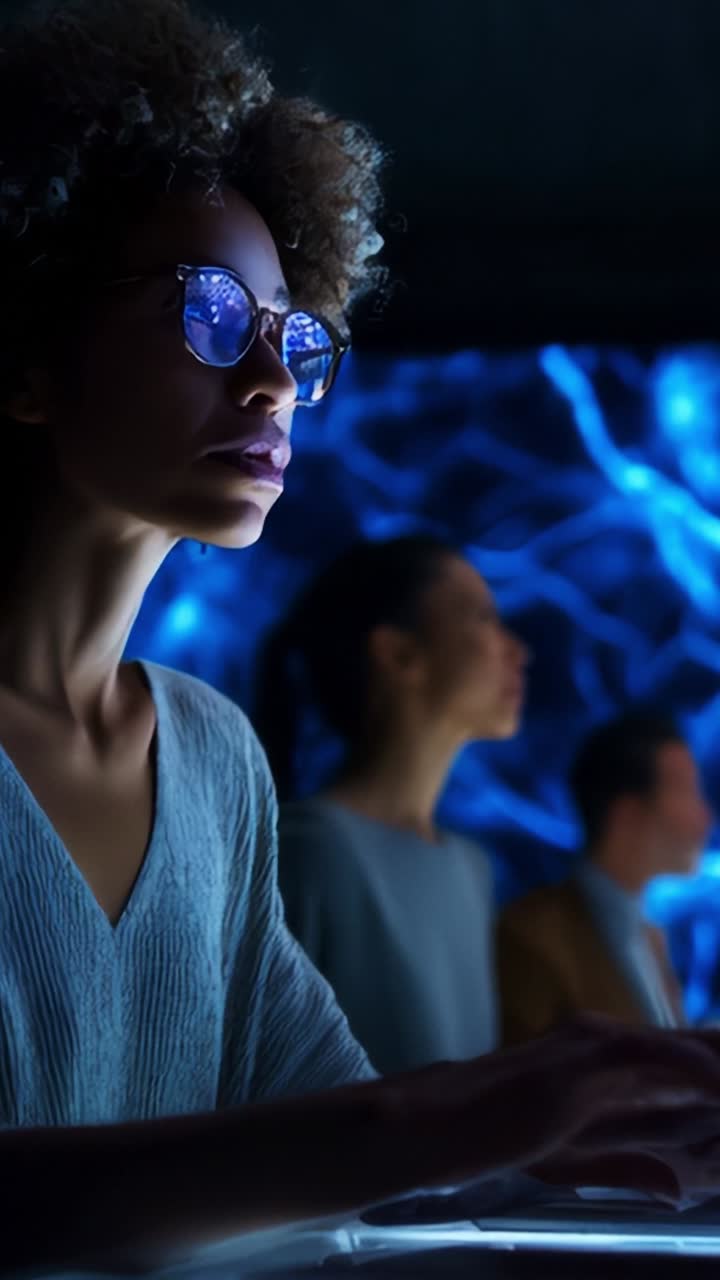 Focused Individual Engaged in Innovative Technology, Surrounded by Abstract Visuals, Demonstrating Concentration and Insight in a Futuristic Environment