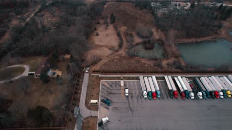 sideways aerial of truck stop aerial view