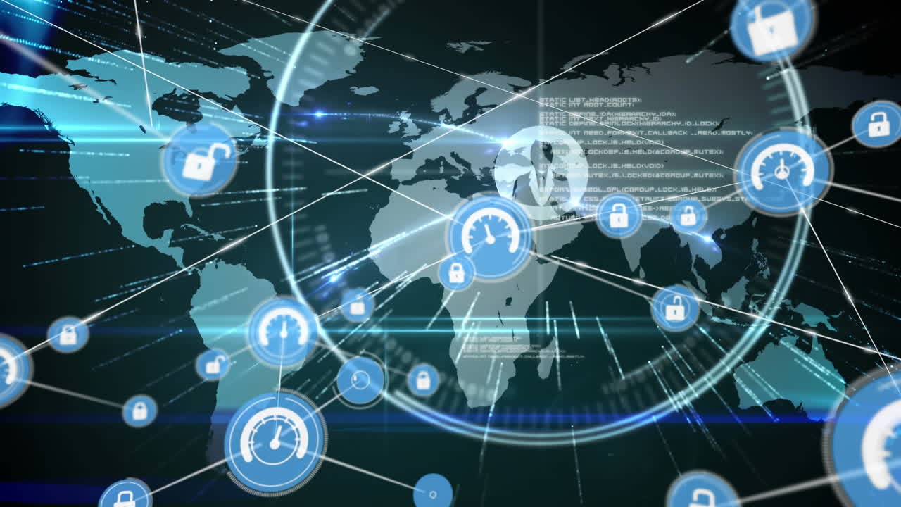 세계 지도 위에 아이콘으로 연결된 네트워크의 애니메이션