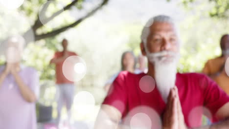 Animación-De-Puntos-De-Luz-Y-árboles-Sobre-Diversas-Personas-Mayores-Practicando-Yoga-En-El-Jardín