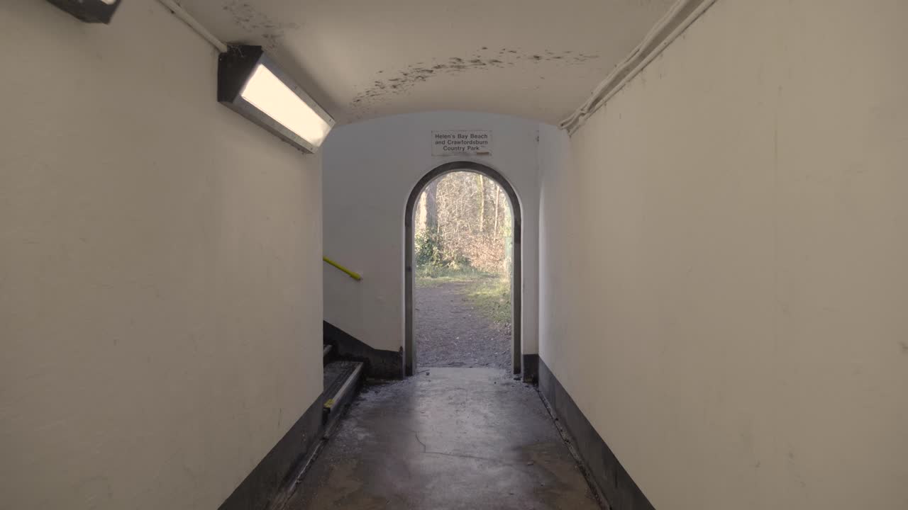 A Narrow Corridor With Cracked Walls And Broken Lights And The Fenced Backwoods On A Summer Day. -wide shot