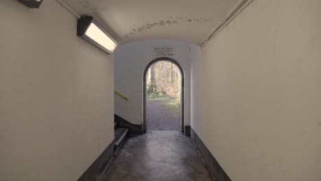 a narrow corridor with cracked walls and broken lights and the fenced backwoods on a summer day. -wide shot
