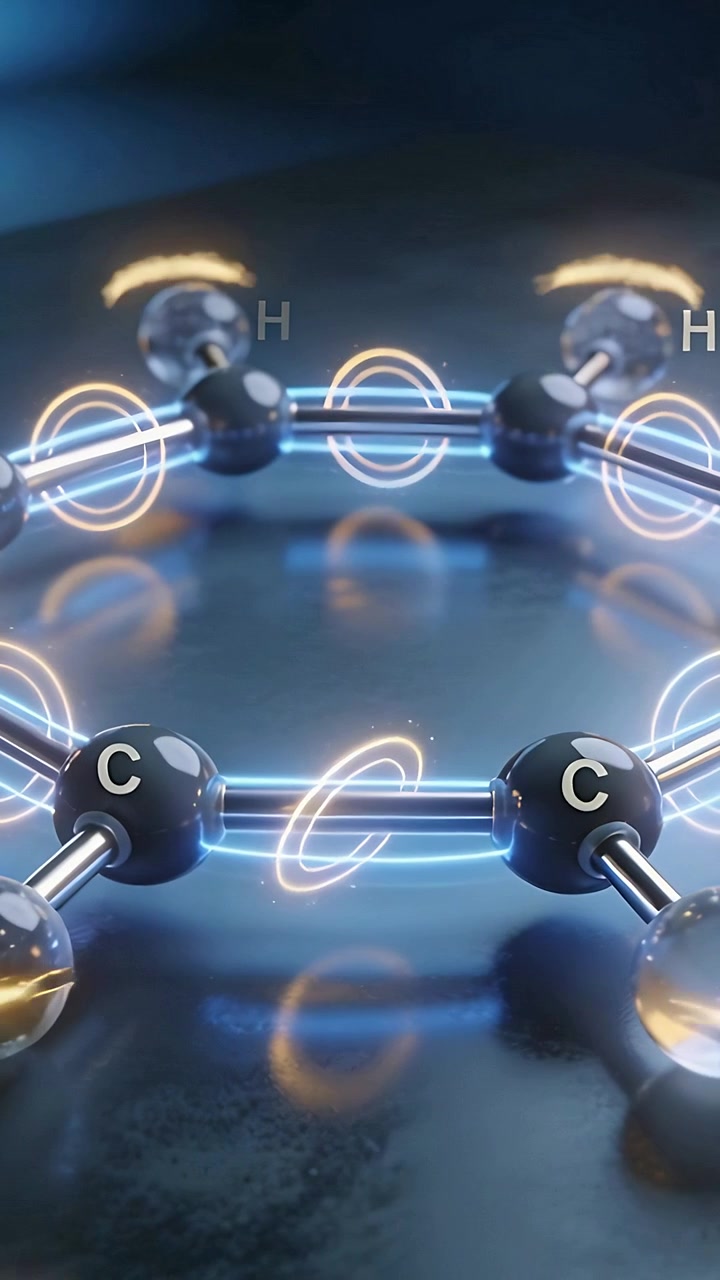 Vertikal video: Reagerer på et glimt, C6-ring roterer og pulserer i et laboratorium, glorier udløser elektronbevægelse.