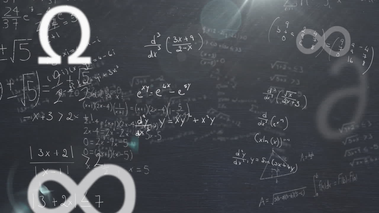 회색 배경의 밝은 반점에 대해 떠다니는 수학적 방정식과 기호의 애니메이션