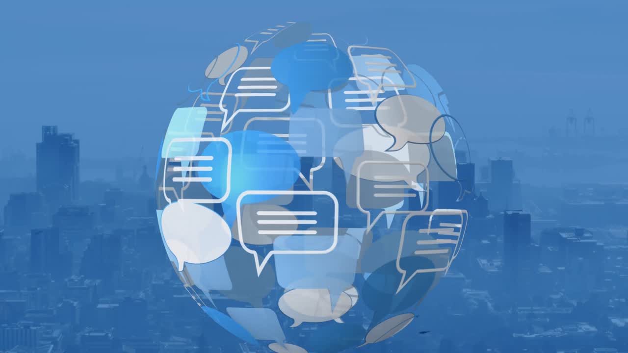 도시 풍경 위에 음성 거품이 있는 지구상의 애니메이션