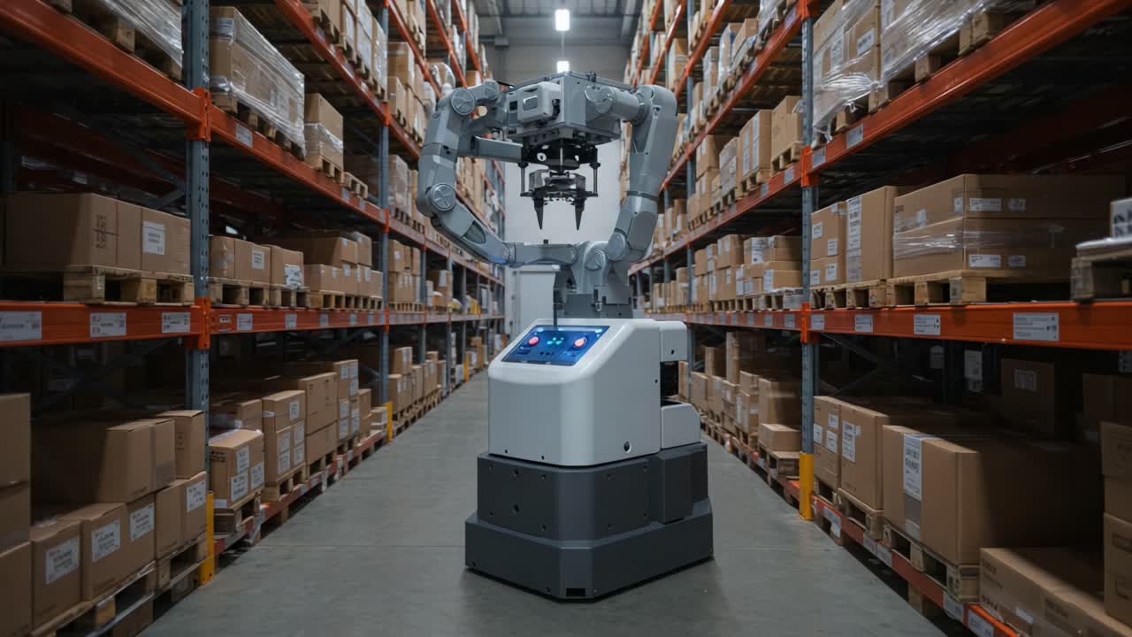 Advanced Warehouse Automation: A Robotic Arm Operating Efficiently Among Rows of Storage Boxes in a Modern Logistics Facility