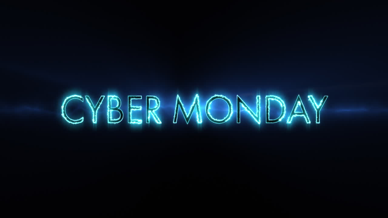 네온 파란 사이버 월요일 텍스트가 검은 화면 4k에 나타납니다.