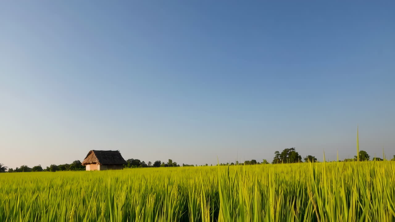 A small hut in a vast green rice field under a clear blue sky