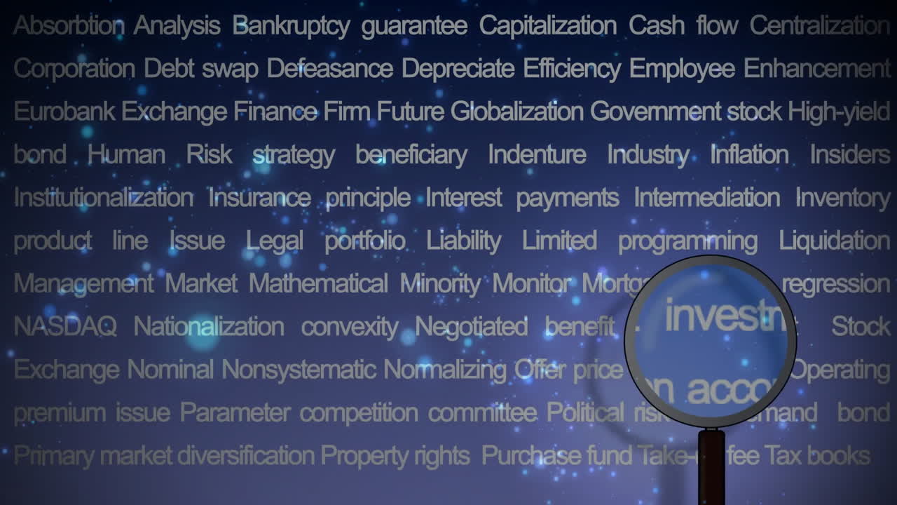 Animation of magnifying glass over financial terms, focusing on mining and business