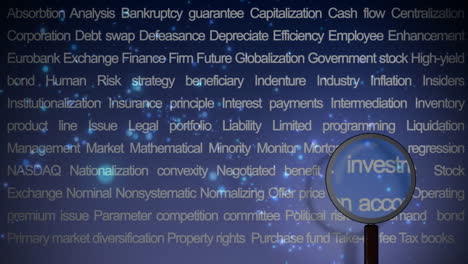 animation of magnifying glass over financial terms, focusing on mining and business