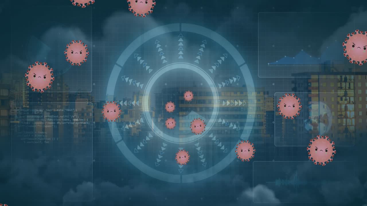 코로나 19 세포의 애니메이션과 도시 풍경의 범위
