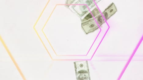 animación de billetes sobre formas en movimiento