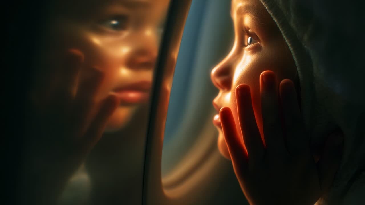 A child's contemplative gaze reflects curiosity and wonder while peering through an airplane window, capturing moments of innocence and fascination during travel