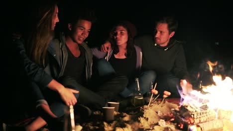 Side-view-of-diverse-group-of-people-sitting-together-by-the-fire-late-at-night-and-embracing-each-other,-cooking-sausages-and