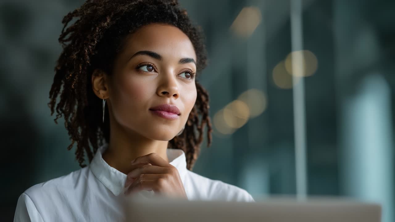 A Reflective Moment of Contemplation: A Young Woman with Curly Hair, Deep in Thought, Set Against a Modern, Bright Background, Evoking Inspiration and Focus as She Analyzes Her Surroundings