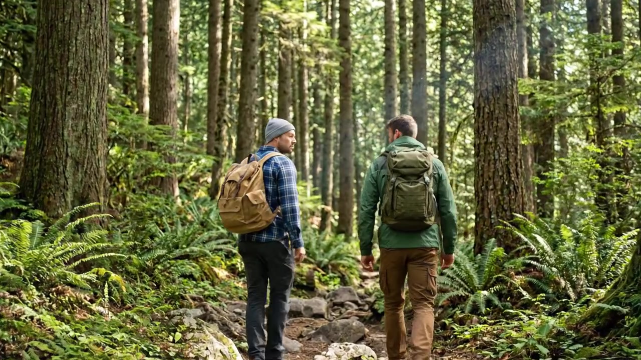 Filmato di escursionismo all'aperto e avventura nella natura con persone che esplorano paesaggi montani e forestali panoramici