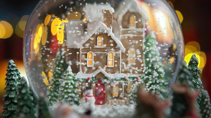 Christmas Snow Globe With Falling Snow And Lights That Turn On In The Windows, Macro and Slow Motion