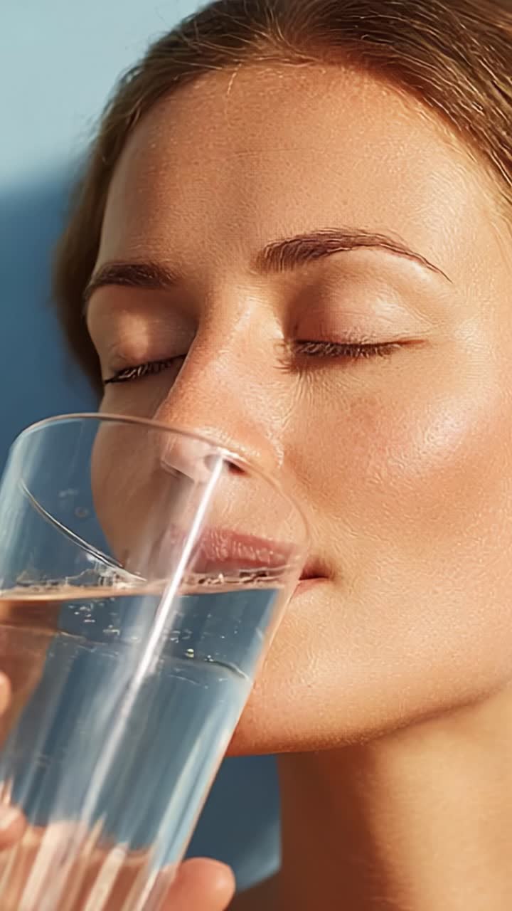 Un momento rinfrescante: donna che beve acqua da un bicchiere su uno sfondo blu tenue, catturando l'essenza di idratazione, freschezza e bellezza