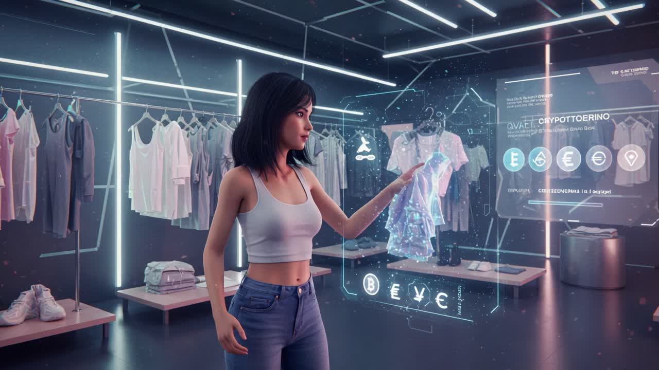 A Woman Interacting with Augmented Reality in a Modern Clothing Store, Exploring Digital Fashion Options and Cryptocurrency Integration for Smart Shopping Experiences