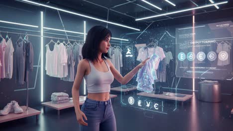 a woman interacting with augmented reality in a modern clothing store, exploring digital fashion options and cryptocurrency integration for smart shopping experiences