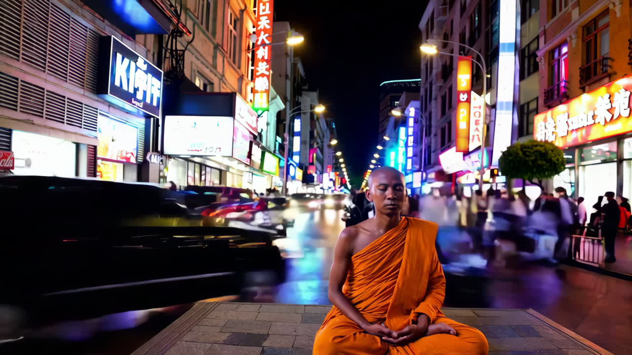 밤 에 바쁜 도시 거리 에서 명상 하는 승려