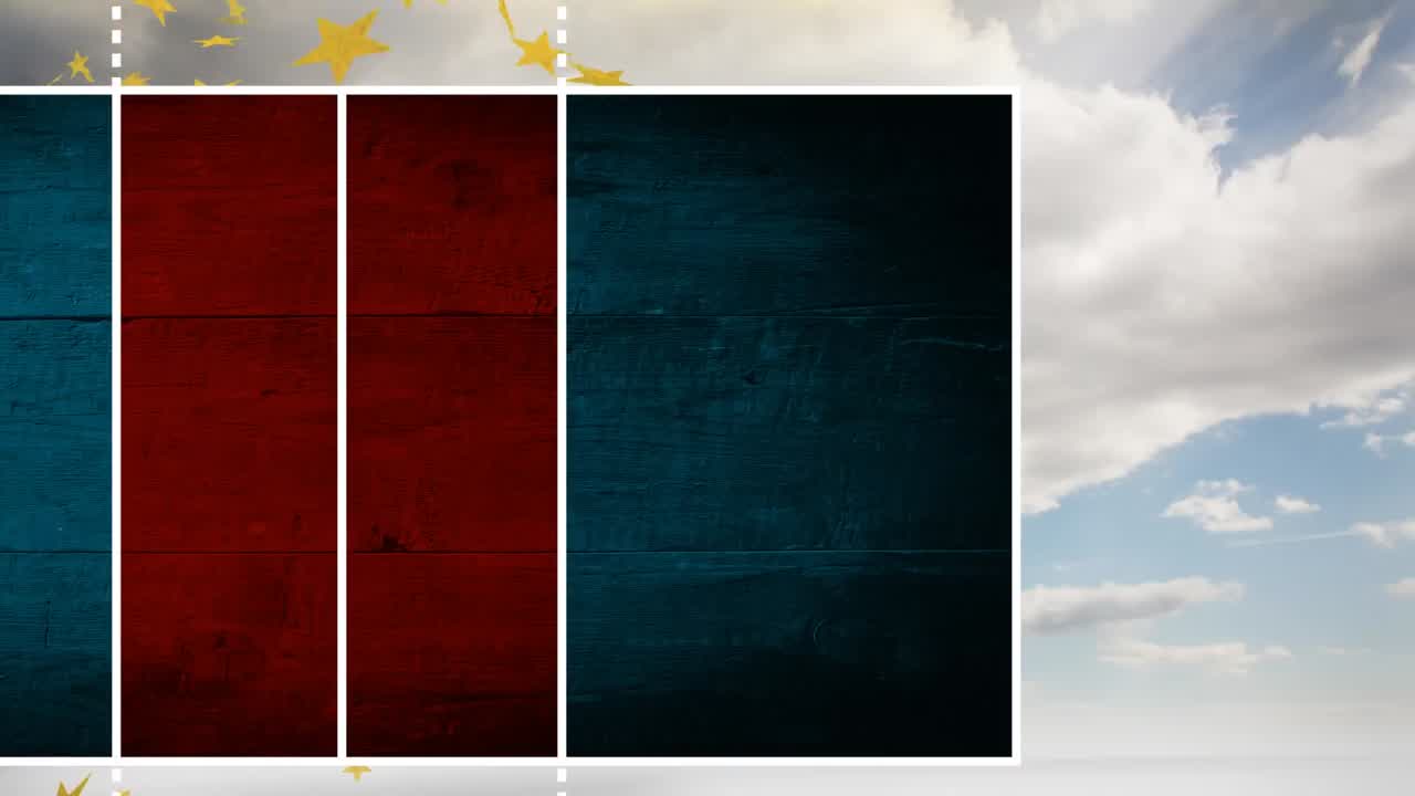 animación de estrellas de navidad cayendo sobre el campo de deportes, cielo y nubes de fondo