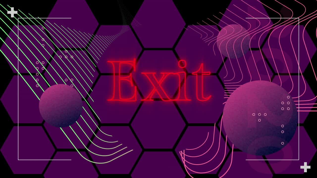 Animation of exit text in red neon, spheres and parallel lines over purple hexagon grid