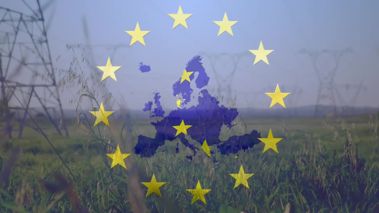 animación de estrellas giratorias de la bandera de la unión europea y el mapa de europa sobre pilones de electricidad