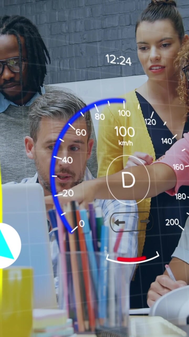 Animation of data processing over business people working in office
