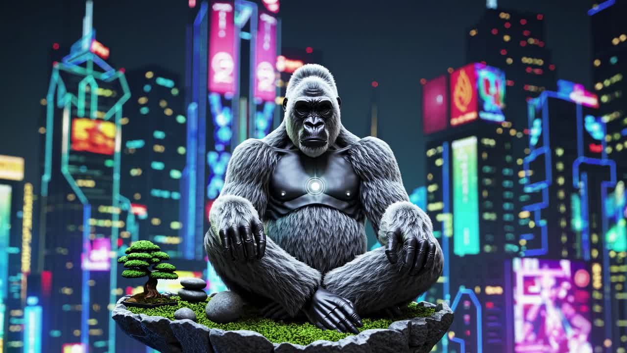 Cyberpunk Gorilla in a Futuristic Cityscape