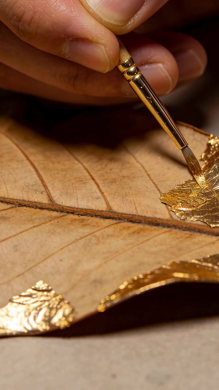 Vertical video: Lowering brush, hand pressing and smoothing gold leaf on workbench, with dried leaf