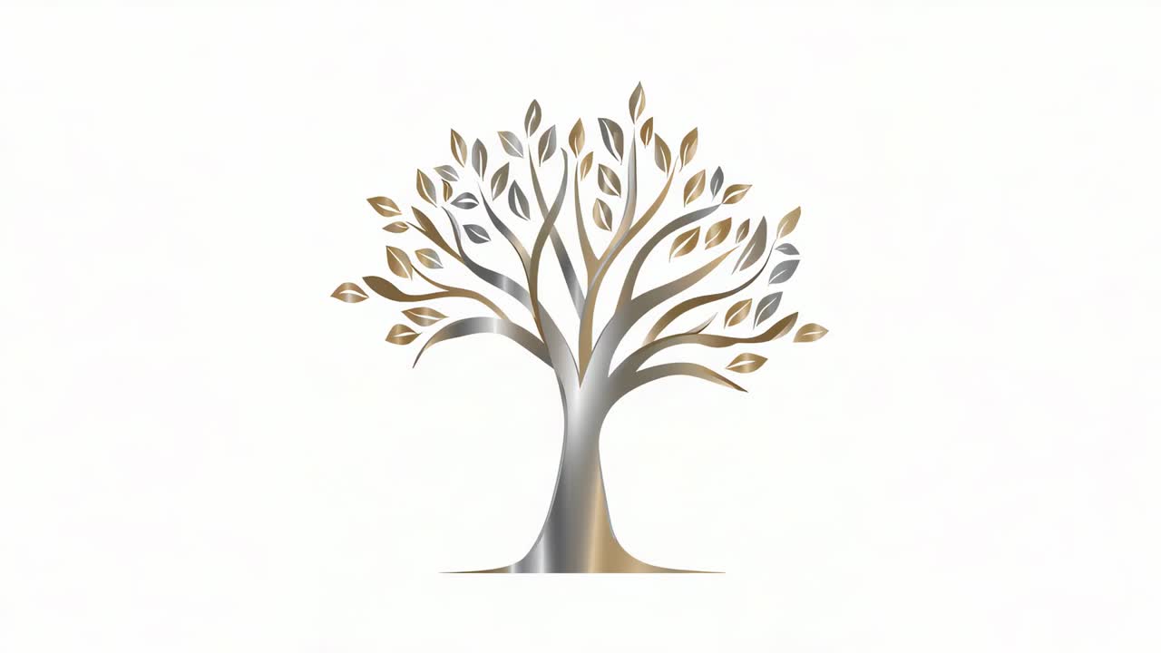 Revealing stylized tree logo scaling up on white set for branding reveal, with silver-gold sheen