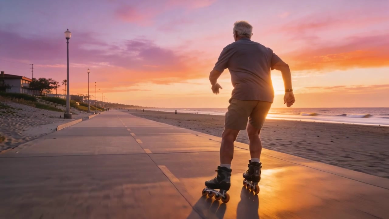 Uomo in pantaloncini che pattina sui pattini per l'esercizio al tramonto, spingendo, scivolando lungo il sentiero della spiaggia, spazio per il testo
