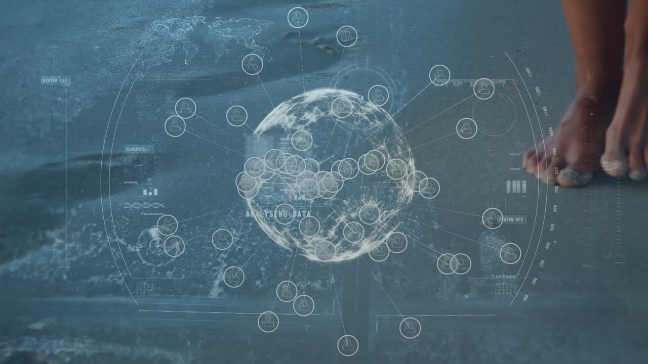 Animation of spinning globe with molecule, circles against african man walking at beach