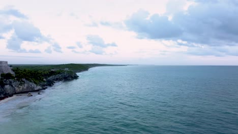 Tulum-Mexico,-Aerial-View,-Caribbean-Sea,-Mar-Caribe,-Archeological-Zone