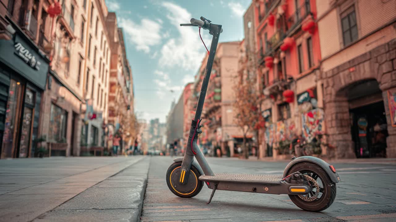 A Contemporary Electric Scooter Parked on a Vibrant Urban Street, Surrounded by Lively Architecture and Urban Artwork, Showcasing the Blend of Modern Transport and City Life