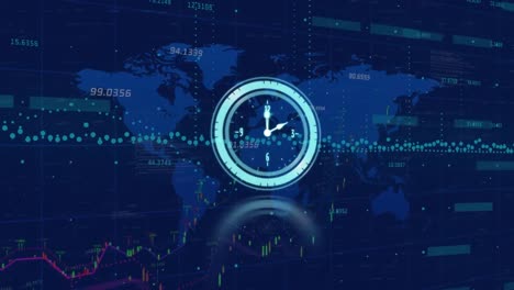 animation of neon ticking clock over financial data processing against world map on blue background