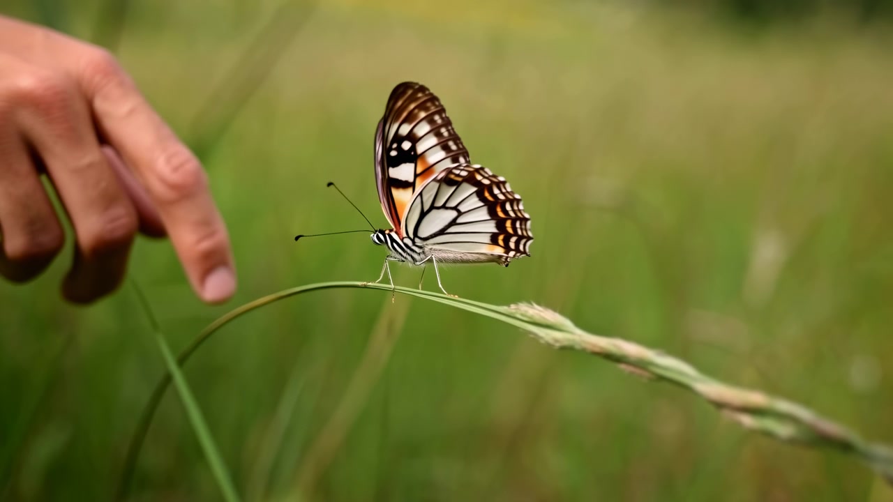 Una scena ravvicinata in movimento mostra un dito umano che stabilisce un contatto delicato con una farfalla posata su un sottile filo d'erba curvo in un prato illuminato dal sole, con dettagli di farfalla, insetto, dito, erba, che mostra il prato.