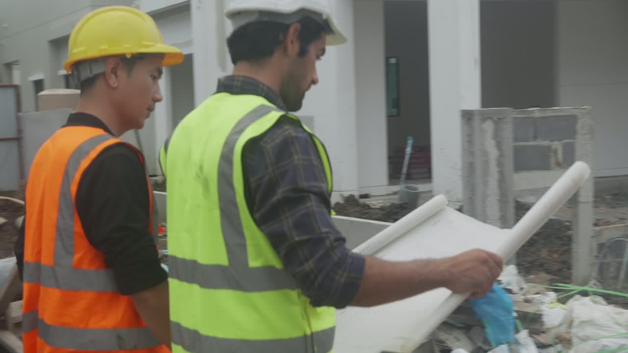 grupo de ingenieros y arquitectos con contratista caminando e inspeccionando el sitio de construcción del esquema para planificar el proyecto para el trabajador y mirando el plan, el sitio de la construcción, el desarrollo y la estructura.