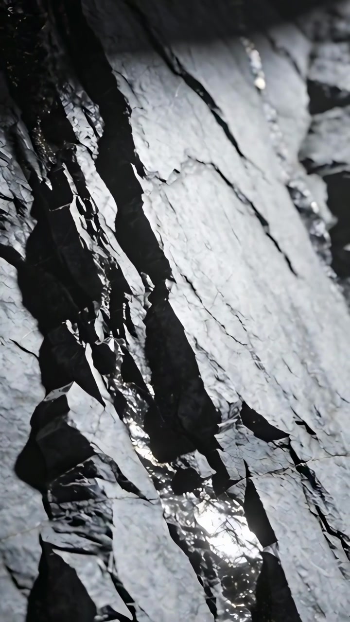 Vertikales Video: Rotierende Kamera scannt rissigen nassen Felsen am Ufer, zeigt Glanz und Textur