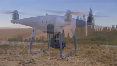 animation of a drone flying over a cityscape in the background.