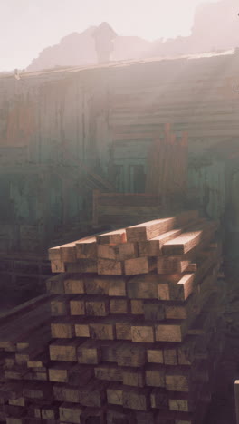 a stack of lumber in a warehouse