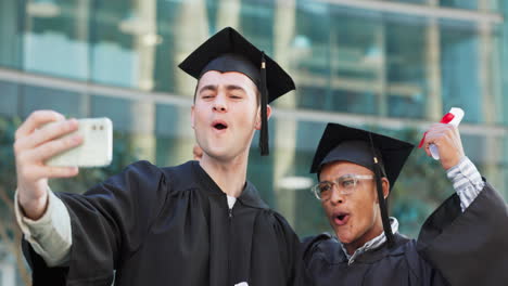 Selfie-De-Graduado,-Amigos-Y-Estudiantes-En-La-Universidad