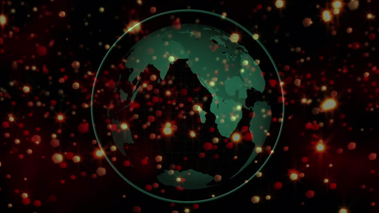 검은 바탕에 회전하는 지구 위에 떠다니는 빛의 불꽃의 애니메이션