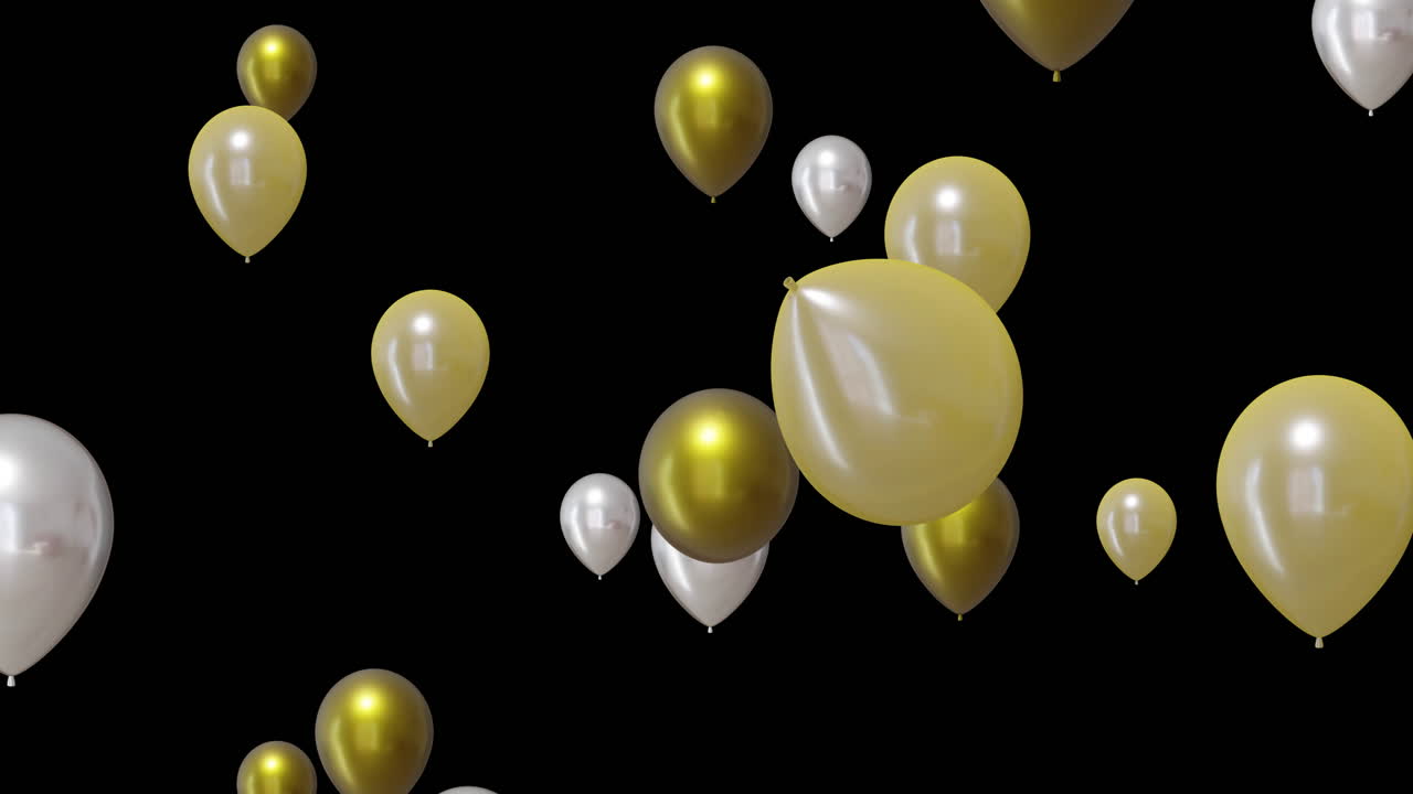 animación de globos de oro y plata sobre un fondo negro