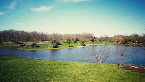 beautiful park lake with sunset and blue sky