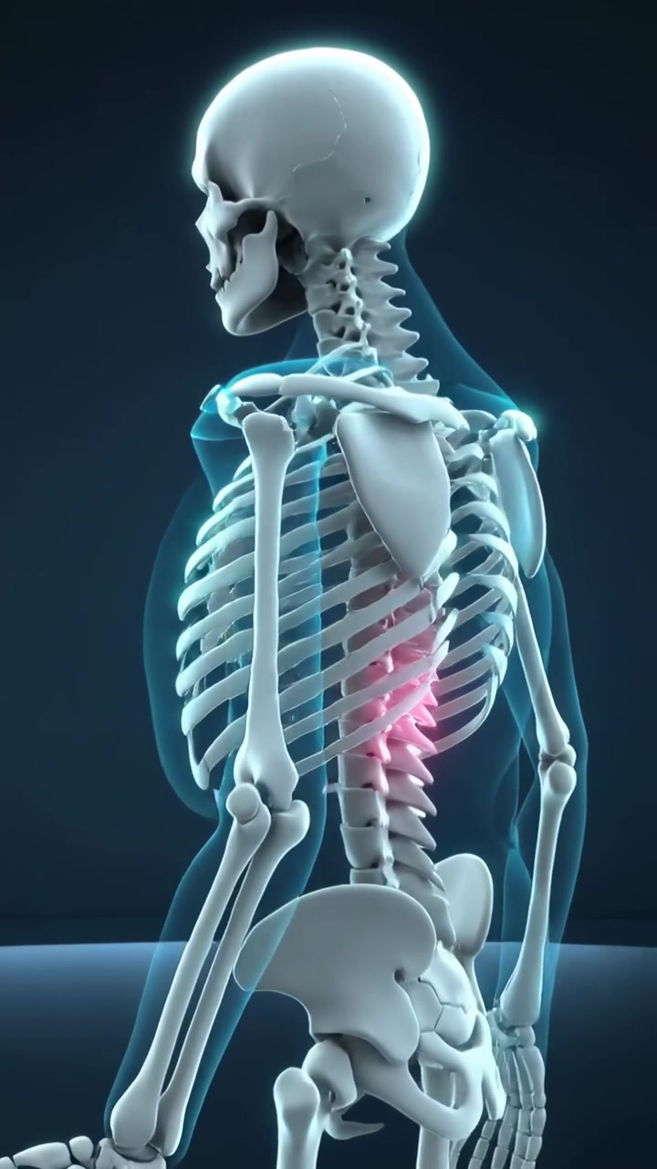 Vertical video: Panning cam causing 3D skeleton rotating to back in studio, showing thoracic spine