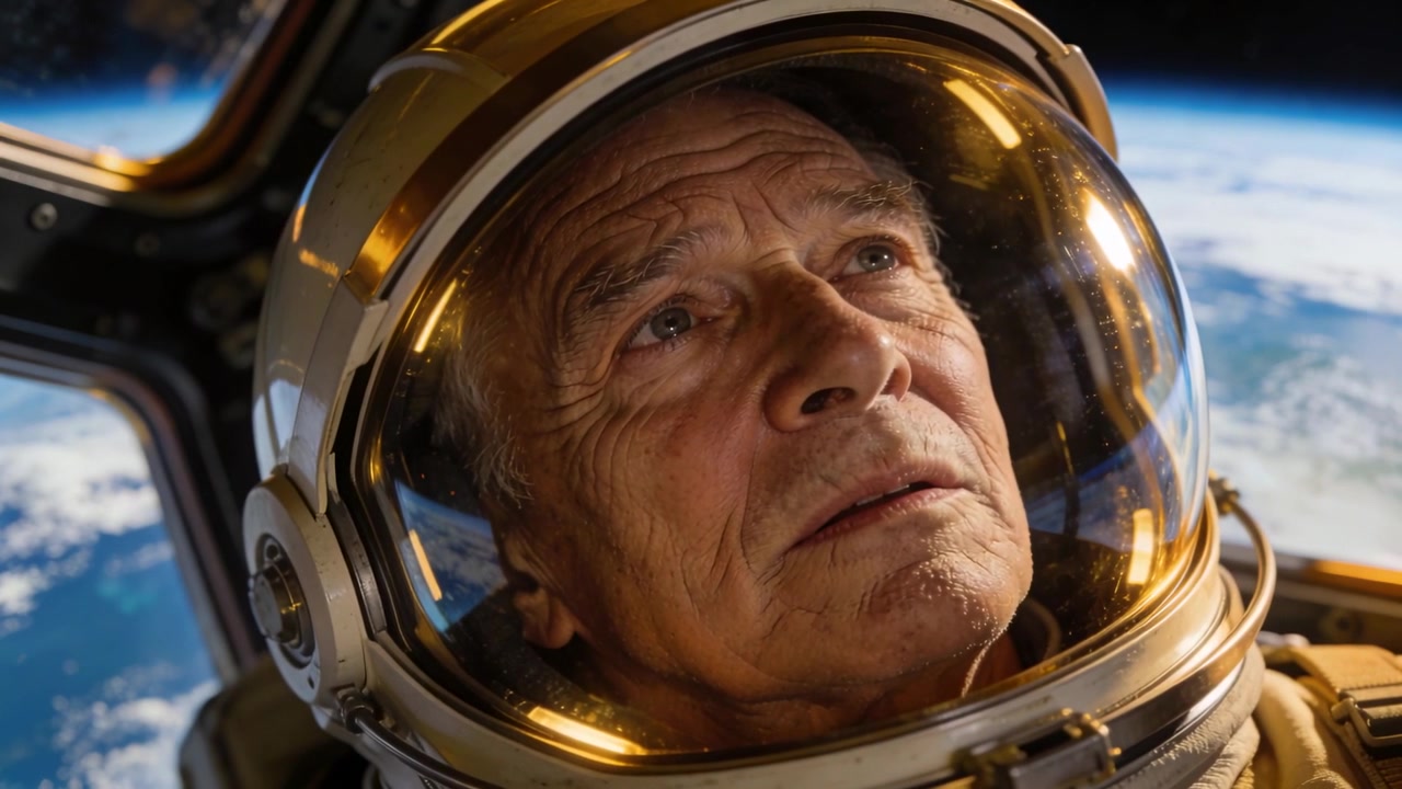 Vanhempi astronautti huomaa Maan horisontin ja siirtää katseensa ylöspäin ohjaamossa, puvun kypärän visiiri kiiltää.
